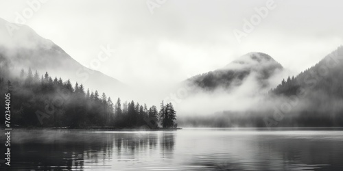 A serene black and white photo of a foggy lake. Suitable for various design projects