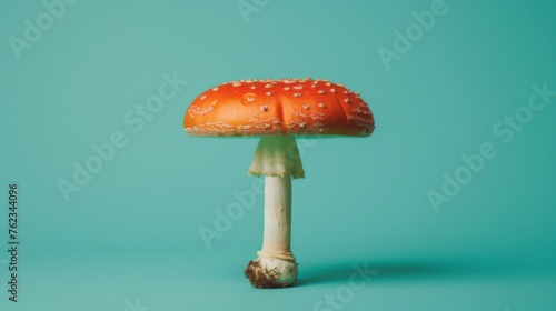 A studio editorial photograph showcasing a poisonous mushroom against a blue backdrop, capturing the essence of tranquility and creating a serene still-life composition.