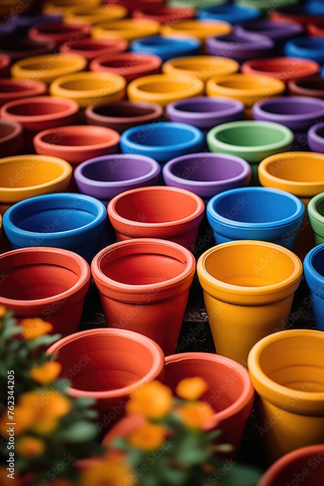 A bunch of colorful pots displayed together. Suitable for gardening or home decor concepts A bunch of colorful pots displayed together. Suitable for gardening or home decor concepts