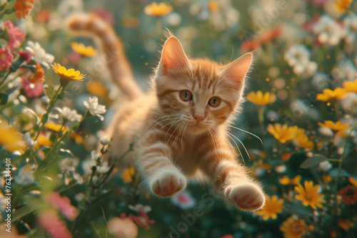 A red tabby kitten runs and jumps on a sunny summer day. A playful kitten jumps among the blooming summer herbs and flowers. The sun is shining on the kitten. Summer concept