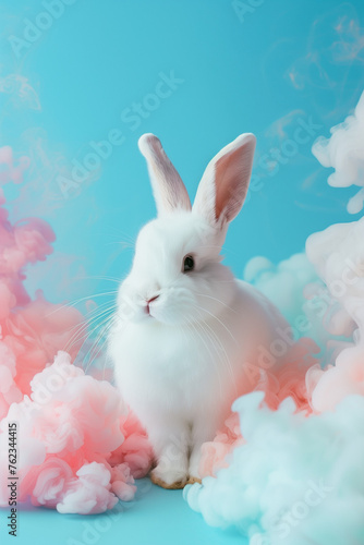 white rabbit on blue sky background with pink and white foggy clouds, Easter bunny © PixelCharm