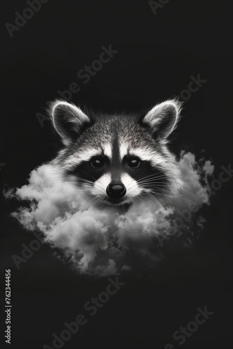 portrait of a raccoon in foggy cloud, black and white © PixelCharm