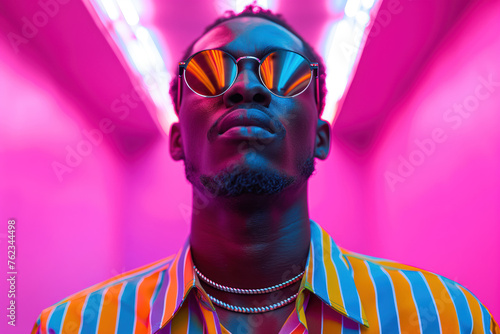 African American male artist  music performer wearing mirrored glasses and a rainbow-colored shirt  neon purple light reflected on his face. LGBT friendly concept