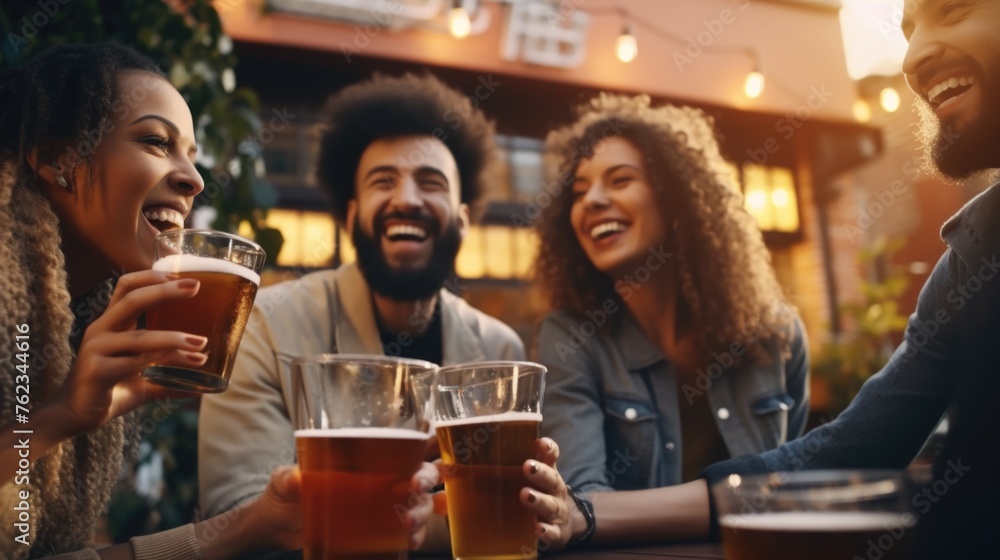 A group of people enjoying beer at a table. Suitable for social gatherings