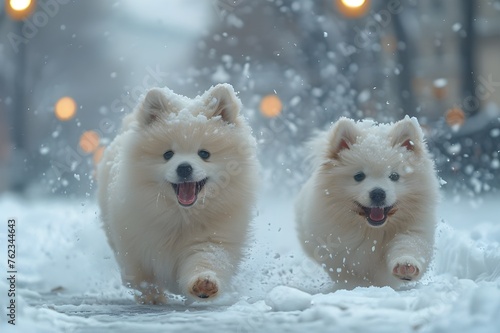 two dogs playing in snow