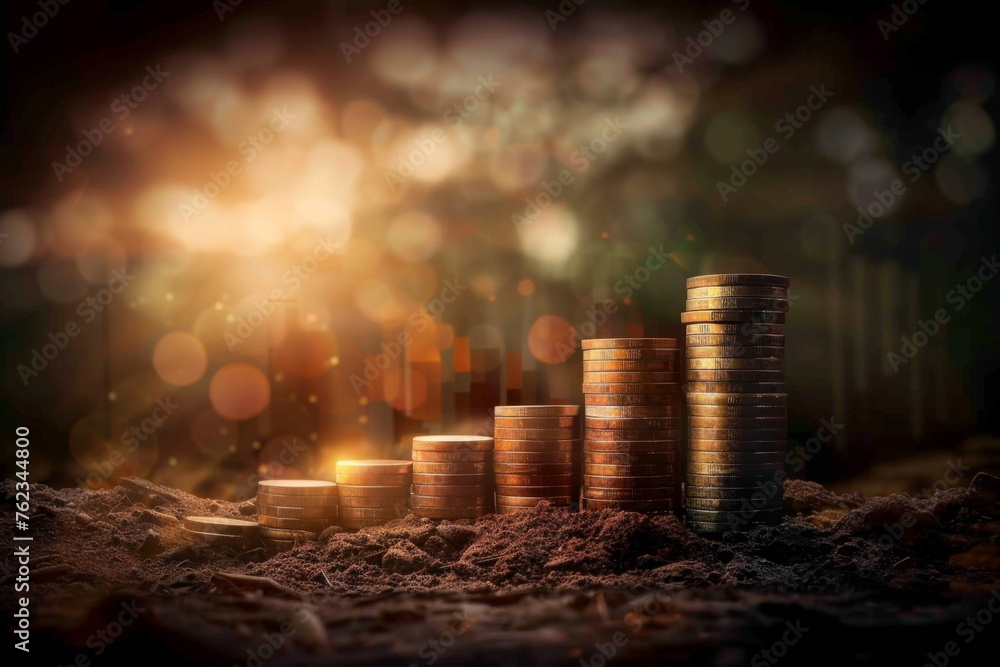 Coin stack growing investment money saving. Business finance target aim financial currency wealth economy insurance inflation growth concept. Financial Literacy Month, Retirement Planning Month - obrazy, fototapety, plakaty 