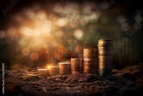 Coin stack growing investment money saving. Business finance target aim financial currency wealth economy insurance inflation growth concept. Financial Literacy Month, Retirement Planning Month photo