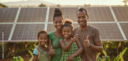 Happy family with solar panels at sunset