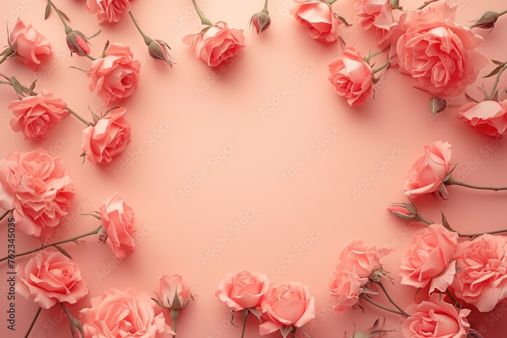 Pink roses are elegantly arranged on a pink background around the circumference. Congratulations poster with place for text. Top view, flat lay. Congratulations concept Pink roses are elegantly arranged on a pink background around the circumference. Congratulations poster with place for text. Top view, flat lay. Congratulations concept