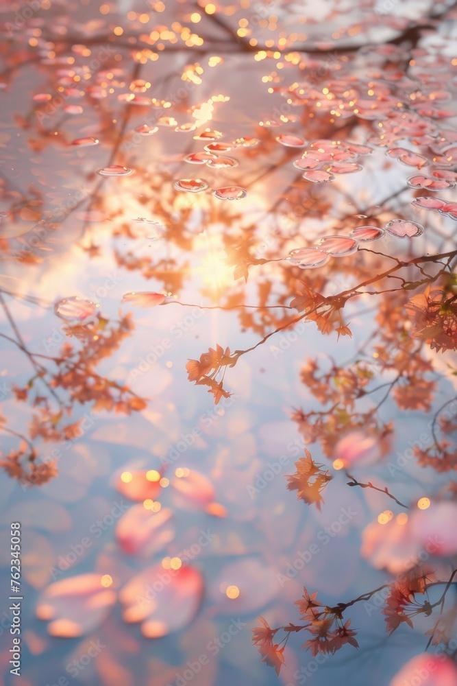 Sky with watercolor cherry blossom petals golden hour light Sky with watercolor cherry blossom petals golden hour light