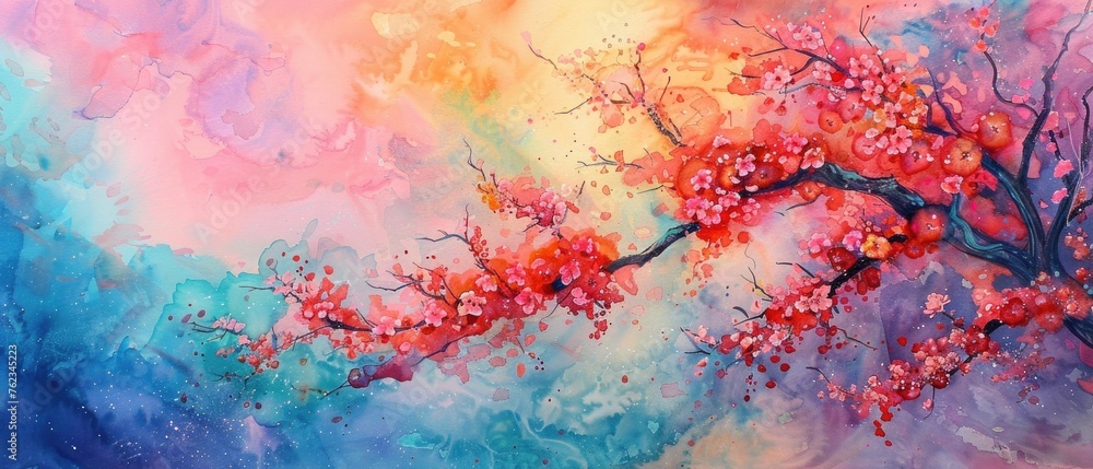 Watercolor cherry blossoms against sky cool dawn Watercolor cherry blossoms against sky cool dawn