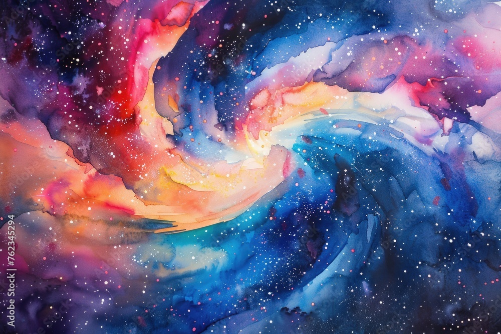 Watercolor galaxy scene fighting fish in orbit - obrazy, fototapety, plakaty 