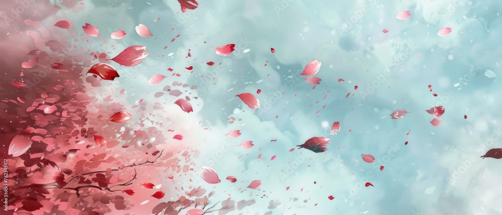 Cherry blossom petals against sky watercolor style - obrazy, fototapety, plakaty 