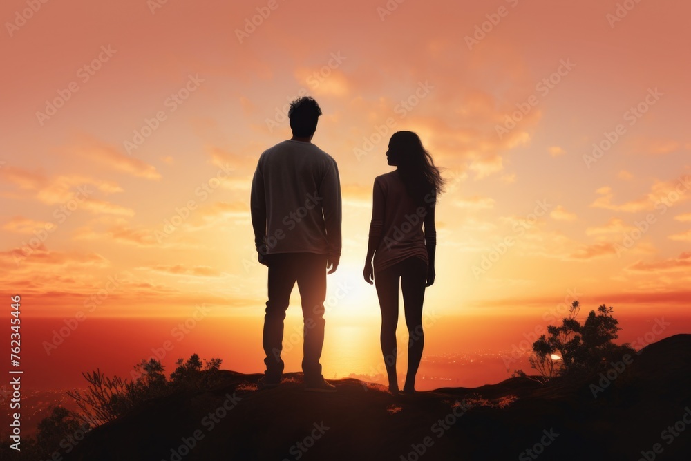 A man and a woman standing on the peak of a mountain. Perfect for adventure or travel concepts