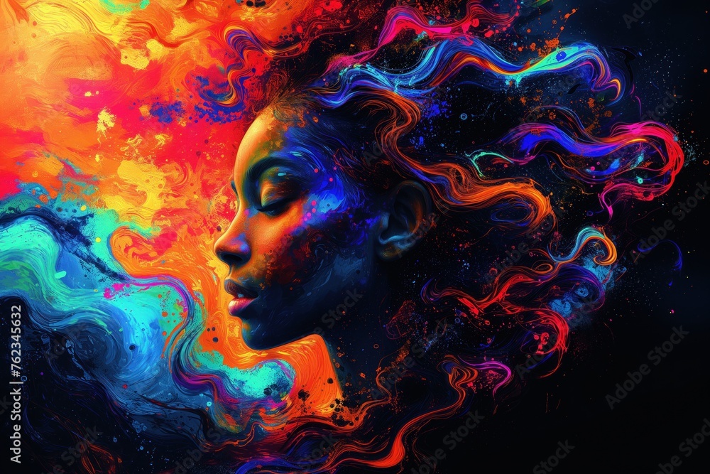 African American woman with curly hair in waves of multi-colored dyes. He enjoys closing his eyes. Creative and colorful art concept