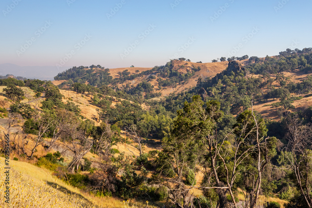 Hills covered with burnt grass and green bushes. Typical Southern California rural landscape