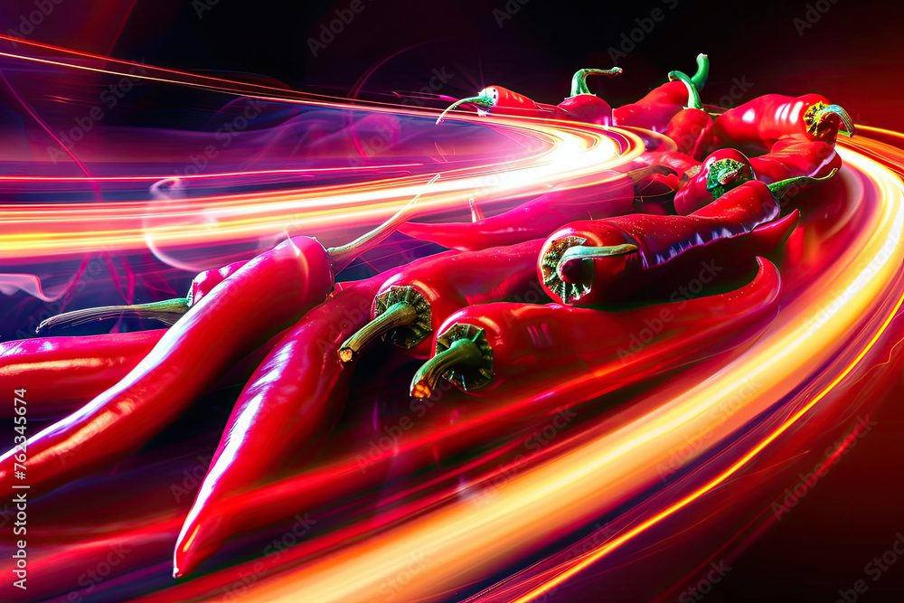 Chili pepper race on a neon speedway, a fiery path to empowerment - obrazy, fototapety, plakaty 