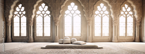 Carved stone arched windows in Moorish style with soft pillows and carpet on the floor