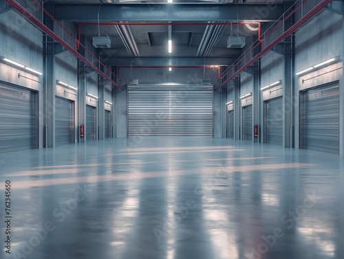 Polished concrete floors and metallic shutters in a spacious and clean industrial warehouse setting.