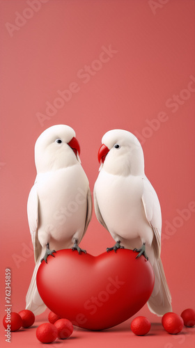 Two white parrots on a red heart, a symbol of love.

