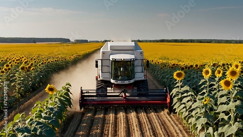 Sunflower harvester working on a large sunflower field.