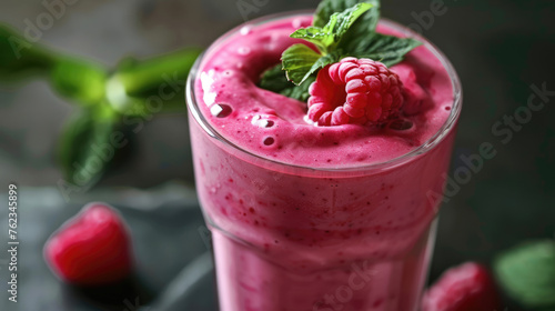 Beautiful appetizer pink raspberries fruit smoothie or milk shake.