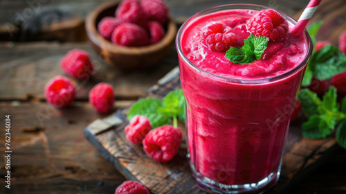 Beautiful appetizer pink raspberries fruit smoothie or milk shake.