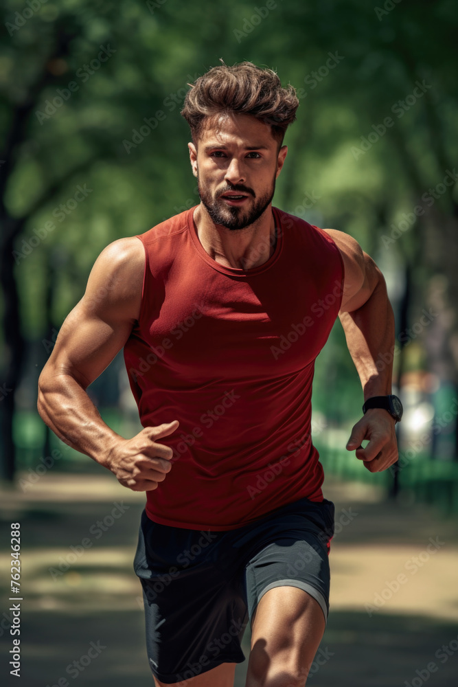 A man in a red shirt running, suitable for sports or fitness themes