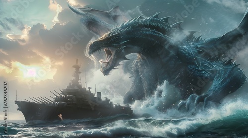 Giant Leviathan Dragon Emerging from Ocean Waves to Confront Futuristic Battleship