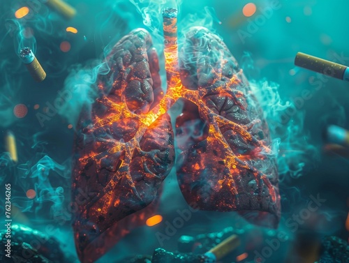 Glowing Lungs in Smoke and Ashes for Health Risks of Smoking Awareness Campaign