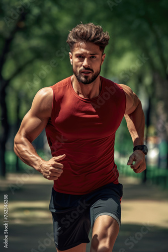 A man in a red shirt running, suitable for sports or fitness themes © Fotograf