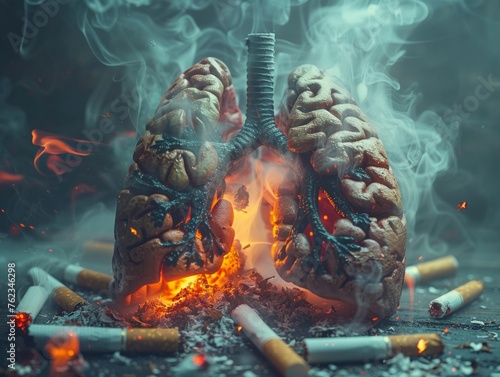 Conceptual Image of Burning Lungs Surrounded by Cigarettes for Anti-Smoking Awareness