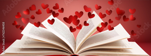 Open book filled with love, hearts fly free.