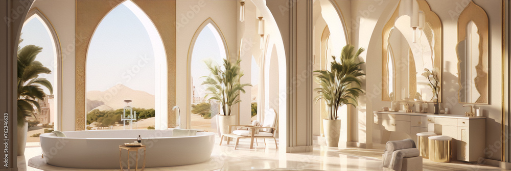 Bathroom interior in a middle eastern style with a desert view