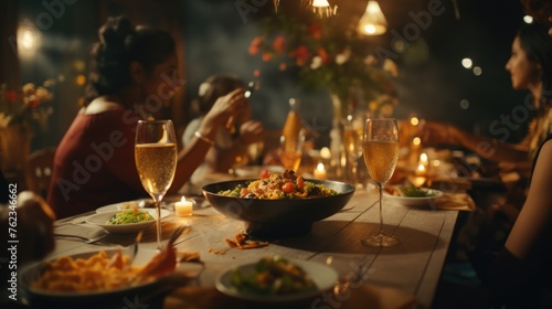 A group of people sitting at a dinner table. Suitable for family gatherings or celebrations