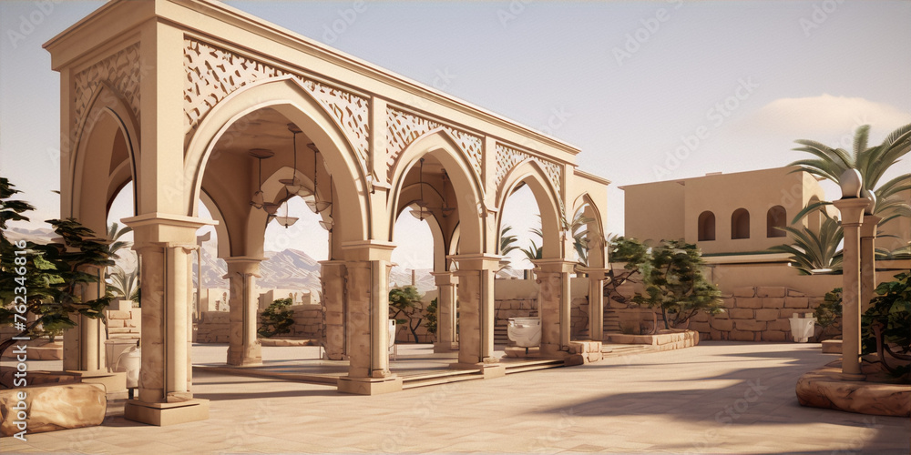 arabic courtyard with arches in a middle eastern setting