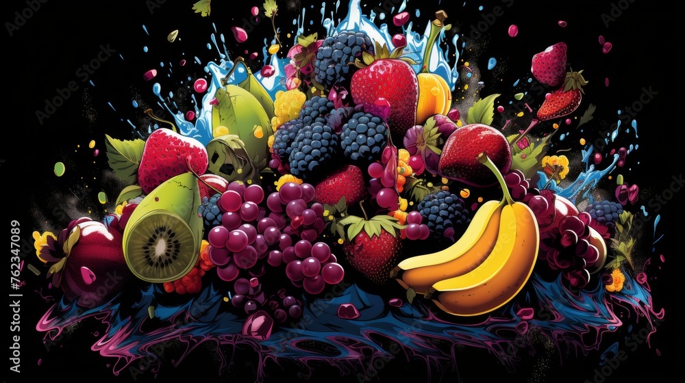 Splash of fruit in a pop art style, neon colors background, pop art style, food concept, banner