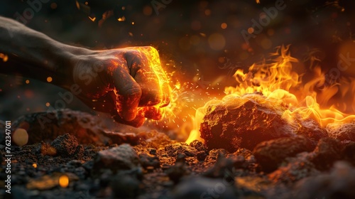 Burst of flame as fist breaks rock side view photo
