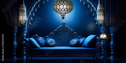 Blue patterned Moroccan style living room with sofa and ornate hanging lamp