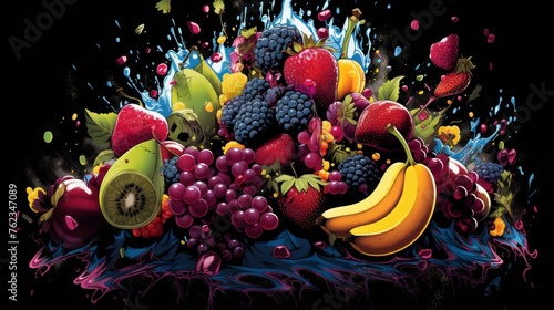 Splash of fruit in a pop art style  neon colors background  pop art style  food concept  banner