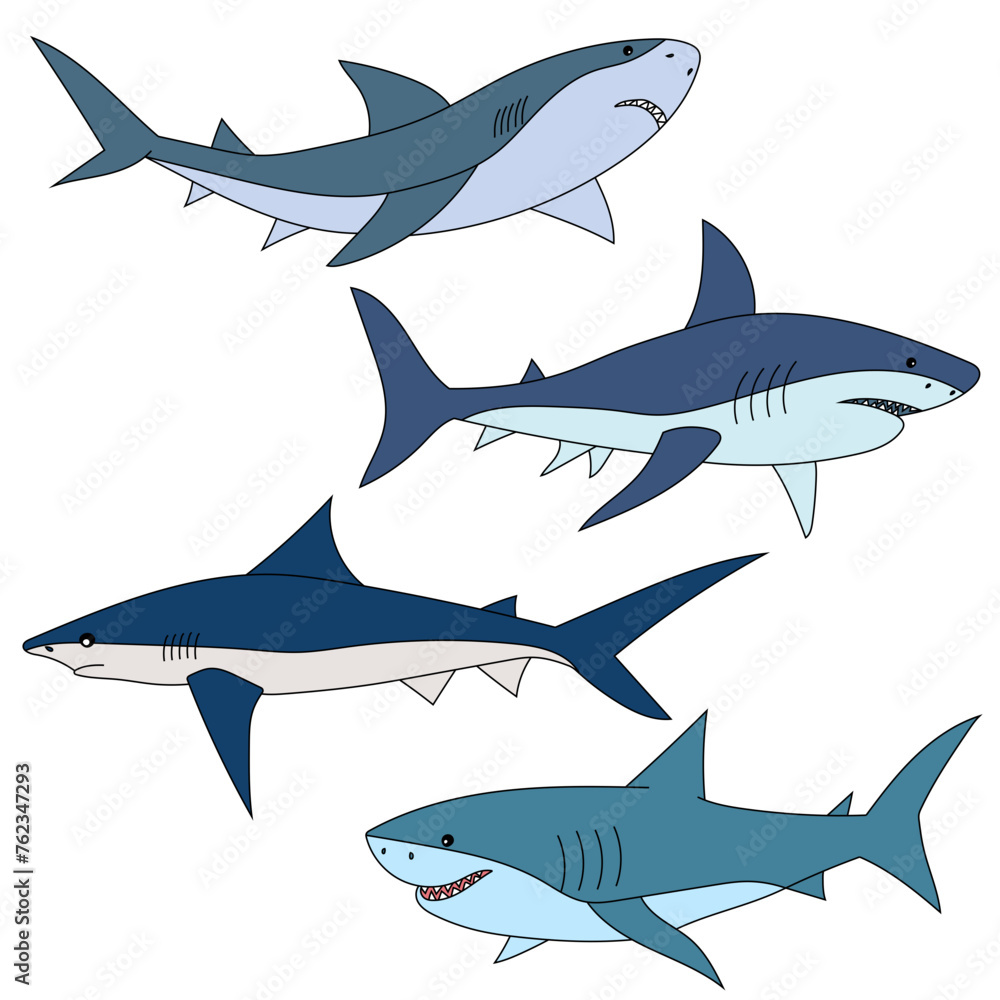 Obraz premium Colorful Shark Clipart Set for Lovers of Aquatic Animals, Underwater Creatures, and Sea Life