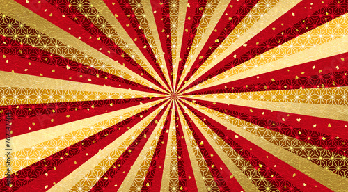 和紙質感の放射線状の和風の背景、赤、新年の行事やお祝い事等へ