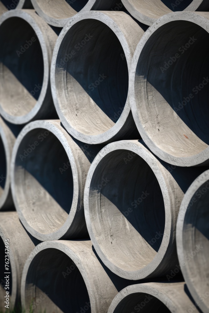 A bunch of concrete pipes stacked on top of each other. Ideal for construction and industrial projects A bunch of concrete pipes stacked on top of each other. Ideal for construction and industrial projects
