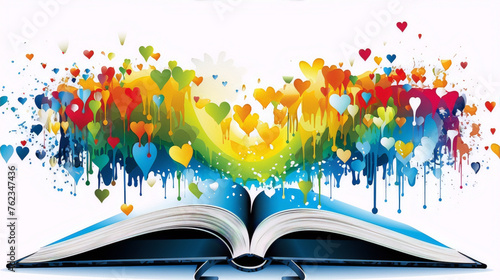 Colorful watercolor hearts flowing out of an open book. photo