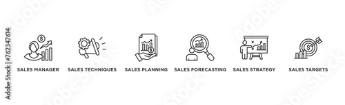 Sales management banner web icon vector illustration concept with icon of manager, sales techniques, planning, strategy, and targets	