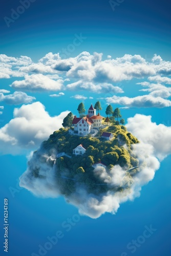 A unique image of a house perched on a small island in the sky. Perfect for fantasy or surreal concepts © Fotograf