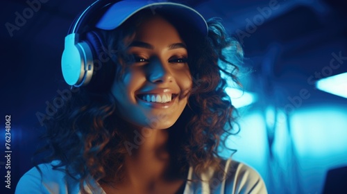 A woman wearing headphones smiles at the camera. Ideal for technology and lifestyle concepts