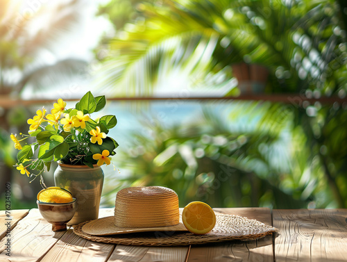 hat on table, summer background,ai photo