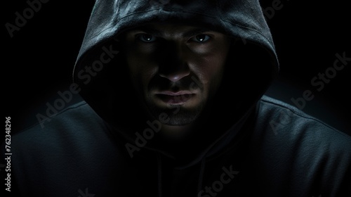 A man in a hoodie staring directly at the camera. Suitable for concepts related to mystery and suspicion photo