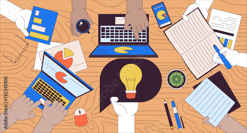 Business idea 2D linear illustration concept. Brainstorm meeting. Colleagues team working in office cartoon scene background. Entrepreneur insights metaphor abstract flat vector outline graphic